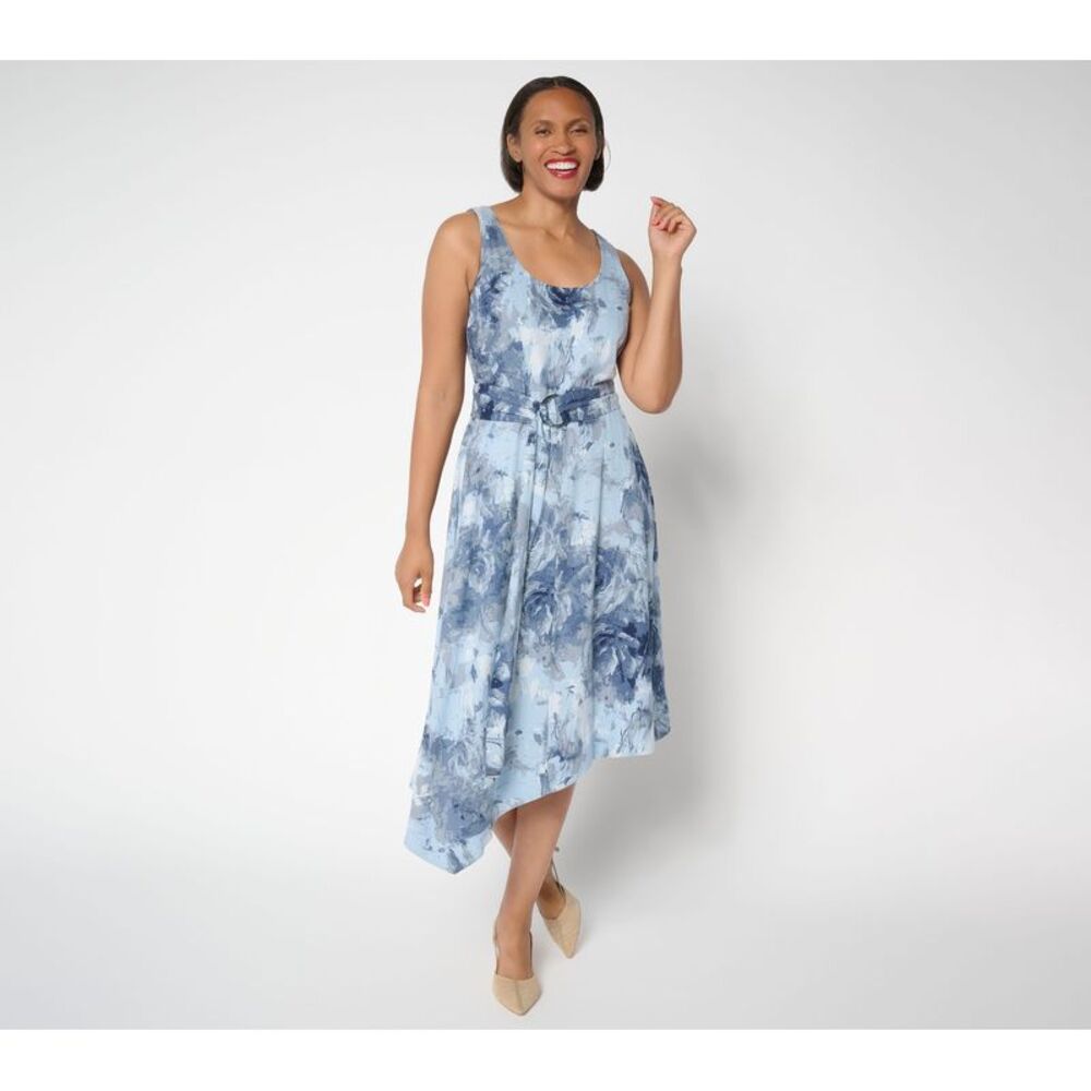 Wacoal Women's Petite Dress PXS Printed Linen Blend Midi Blue A697398